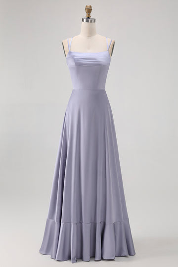 Dusty Blue A Line Long Bridesmaid Dress with Lace-up Back